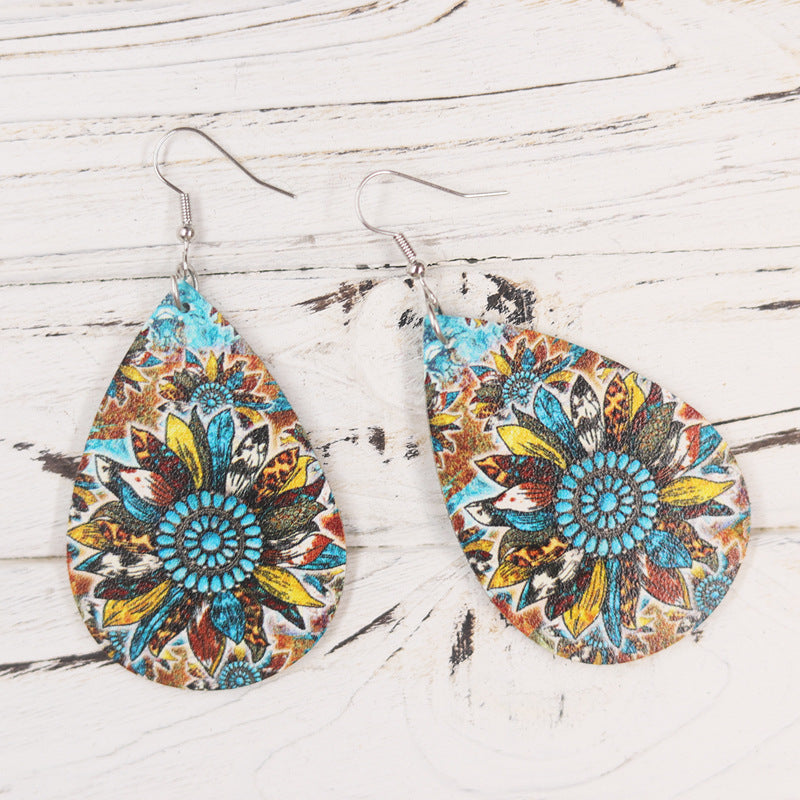 Wholesale Bohemian Style Old Vintage Sunflower  Teardrop Shape PU Leather Earrings