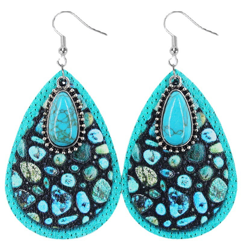 Wholesale Western Denim style Aztec wind drop-shaped leather earrings