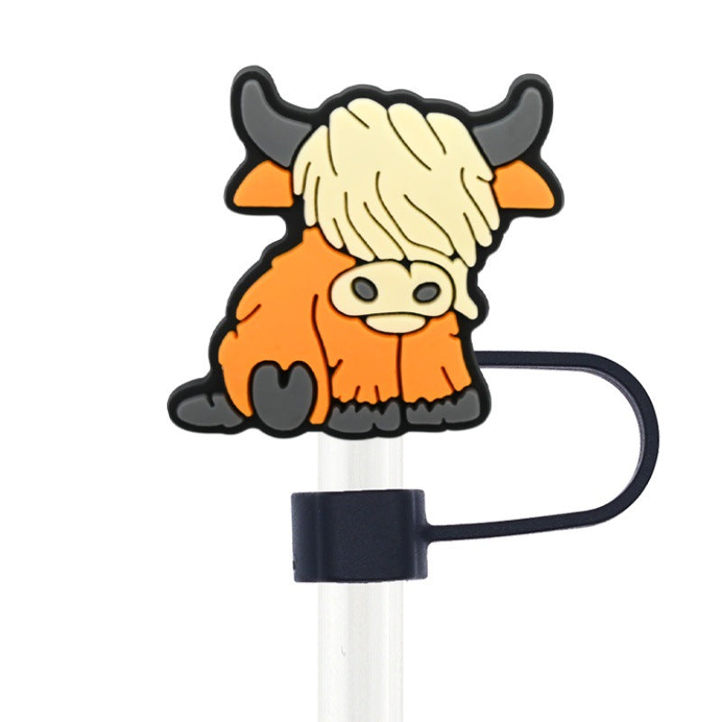 Wholesale  Random 100pcs Highland Cow Series 10mm PVC Soft Straw Tube Cap