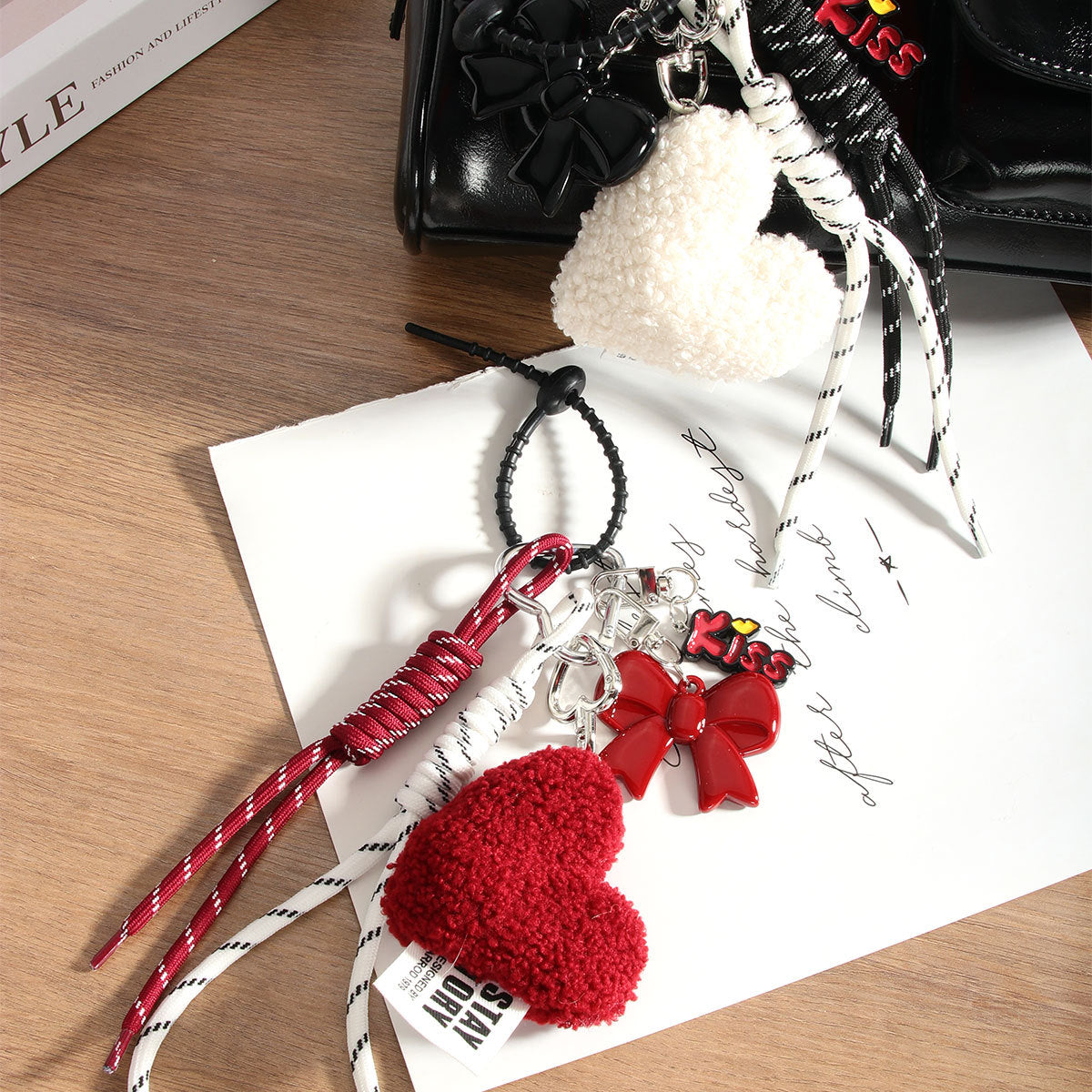 Wholesale Heart-shaped bowknot bag keychain made with woven cord