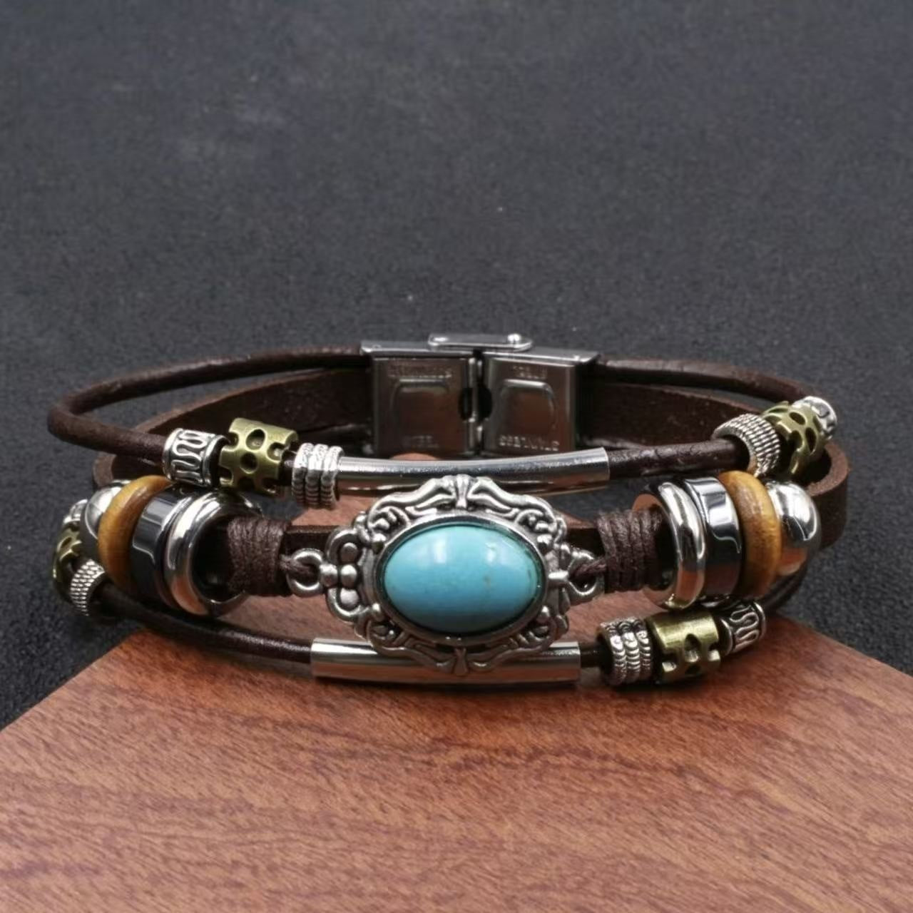 Wholesale Handwoven Leather Turquoise Bracelet Men Unisex Trendy Jewelry Accessory