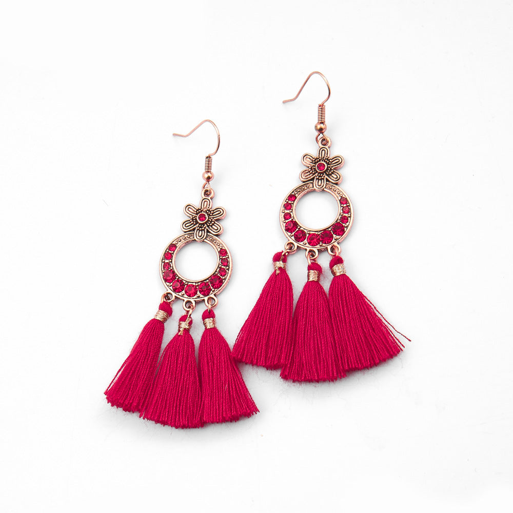 Wholesale Chinese Style Red Tassel Earrings Retro Medieval Festive Jewelry Accessory