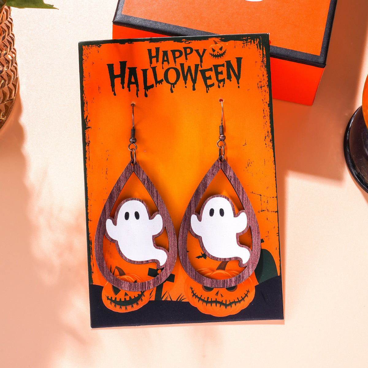 Wholesale Halloween Cartoon Bat Ghost Pumpkin Wood Earrings ACC-ES-Ditong001