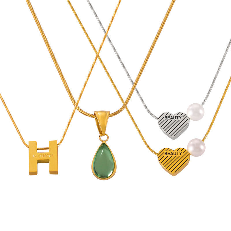 Wholesale Retro Love Water Drop Glass Stone Pendant Titanium Steel Gold Plated Necklaces ACC-NE-OMK007