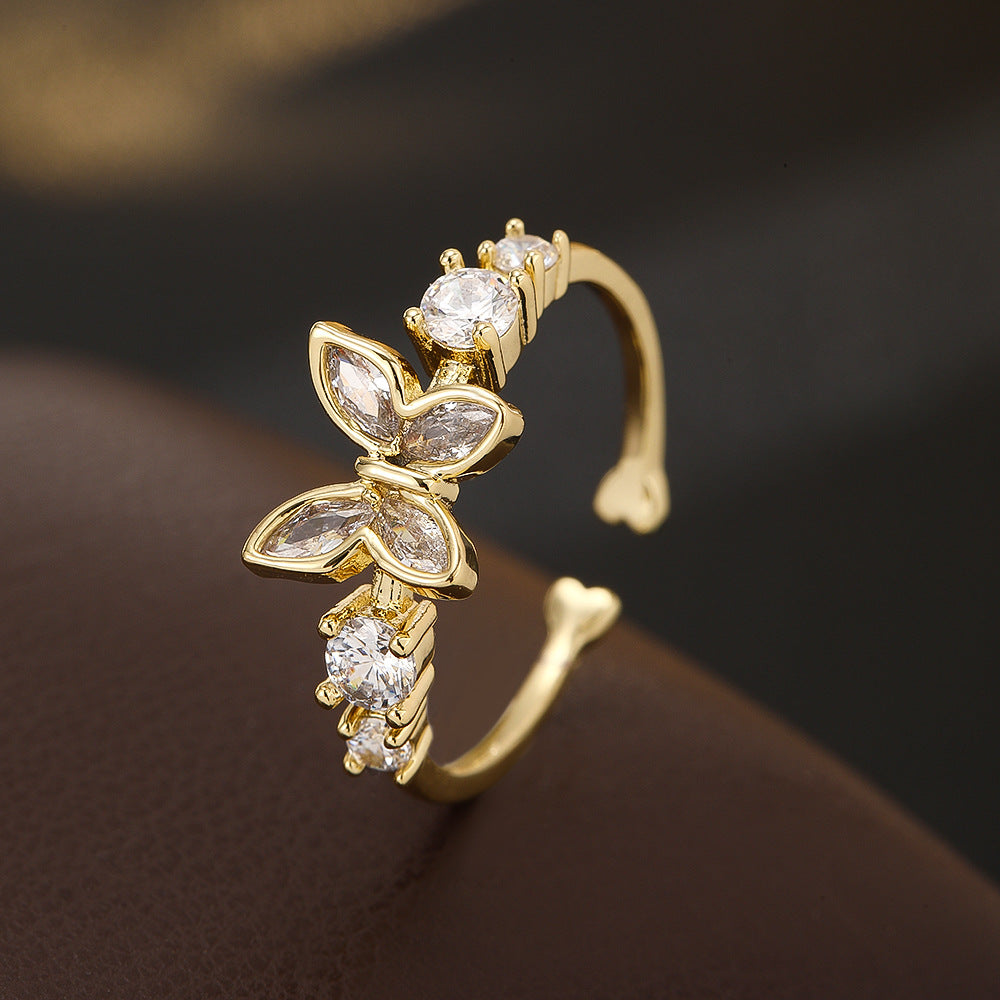 Wholesale Electroplated Copper Zircon Butterfly Ring For Women Japanese Korean Trendy Fashion Jewelry Accessory Gift