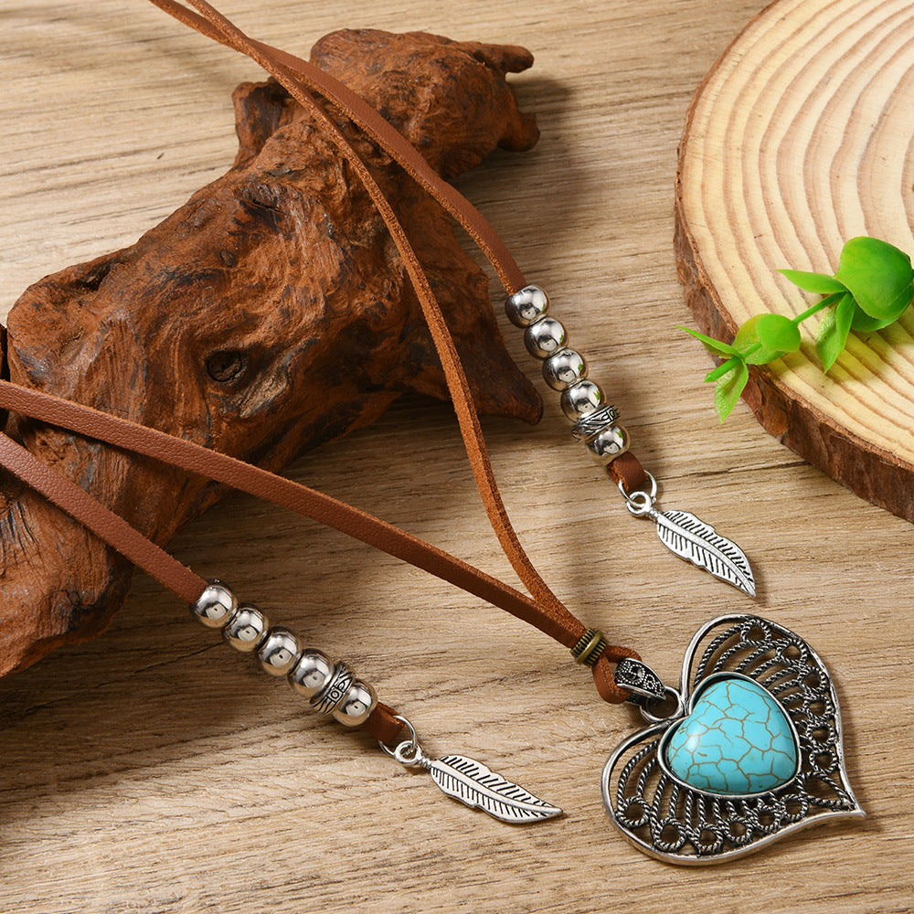 Wholesale Leather Western Vintage Turquoise Heart Necklace