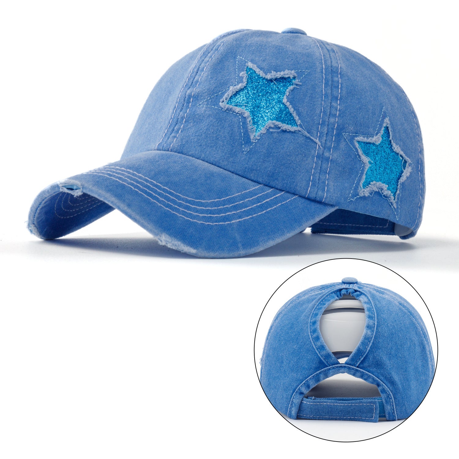 Wholesale Stylish Washed Cotton Baseball Cap Five Point Star Distressed Ponytail Hole Adjustable Curved Brim Black Hat For Casual Use And Resale