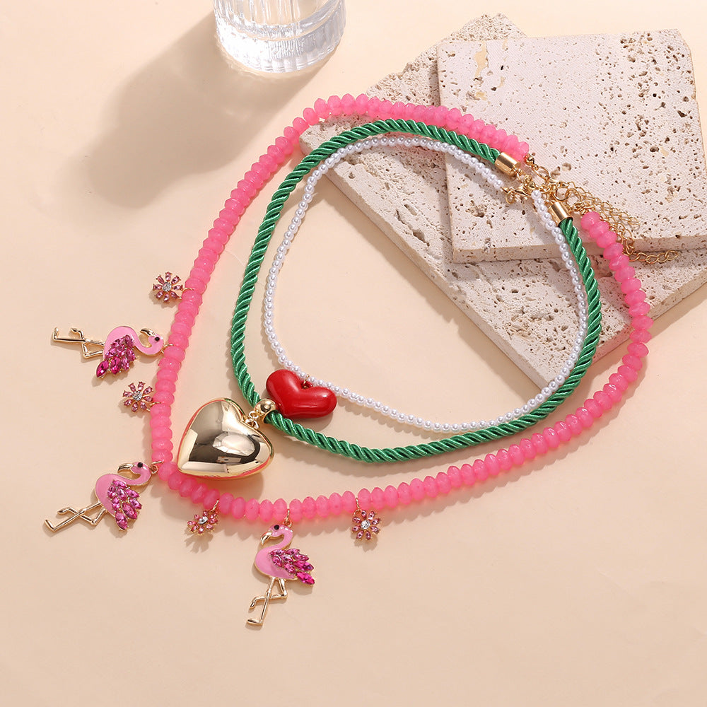 Wholesale Summer Light Luxury Style Oil Dripping Flamingo Heart Pendant Necklace