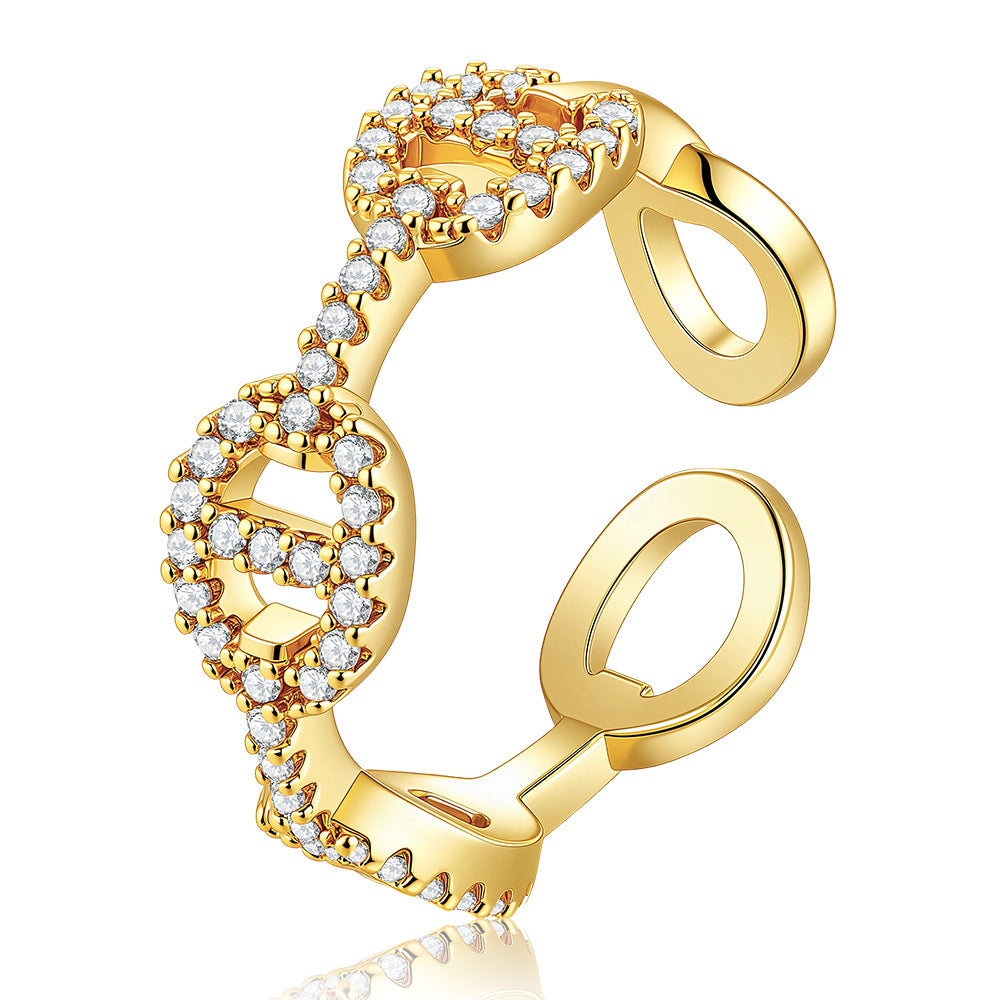 Wholesale Fashion Gold Leaf Adjustable Ring Copper Zircon Electroplated Jewelry Accessory Boutique Resale