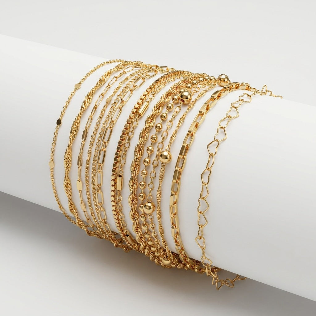 Wholesale 13 Piece Geometric Heart Layered Bracelet Set Gold Electroplated Travel Souvenir Fashion Jewelry Accessory