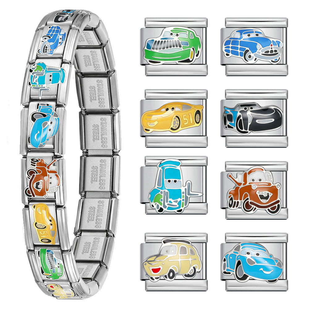 Wholesale Cartoon Car Design Stainless Steel Italian Modular Bracelet DIY Jewelry Accessory Gift Boutique