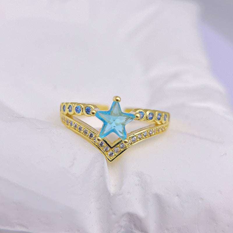 Wholesale Light Luxury Ring Sea Blue Five-pointed Star Micro-inlaid Geometric Open Rings ACC-RS-YXY015