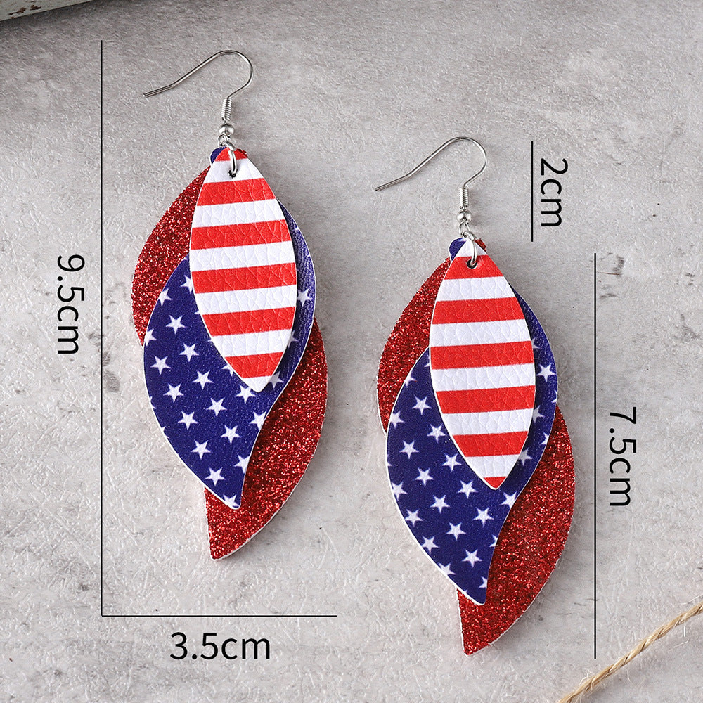 Wholesale Independence Day Red Blue White Stars Striped Sequin Triple Blade Pendant Leather PU Double Sided Earrings