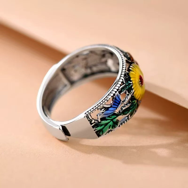 Wholesale Enamel Sunflower Ring Copper Vintage Adjustable Jaw Jewelry Accessory