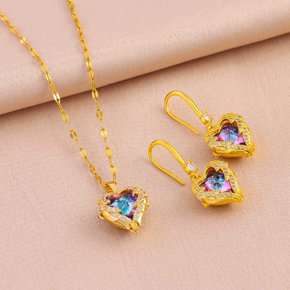 Wholesale  Titanium Steel 18K Gold Plating Micro Inlay Colorful Ocean Heart Necklace Earrings Ring Set