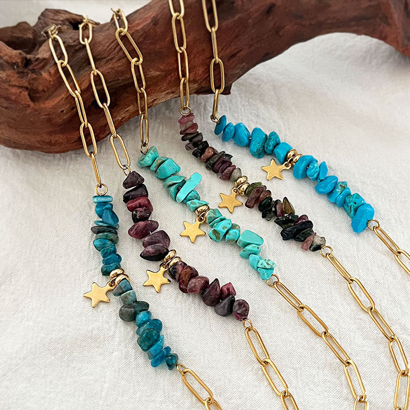 Wholesale natural stone gravel five-pointed star  stainless steel bracelet