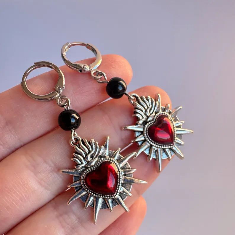 Wholesale Dark Gothic Red Heart Pendant Earrings Zinc Alloy Boutique Resale