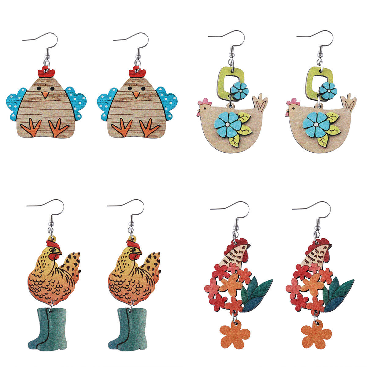 Wholesale Western Farm Cute  Hen Chick Flower Boots  Wooden Double-sided Earrings