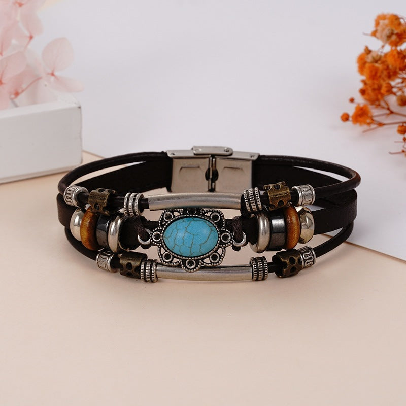 Wholesale Handwoven Leather Turquoise Bracelet Men Unisex Trendy Jewelry Accessory