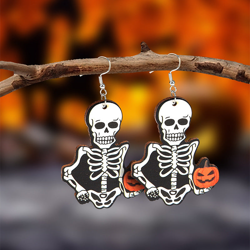 Wholesale Wood  Earrings Pumpkin Skull Bat  Fashion Accessory for Party Gift