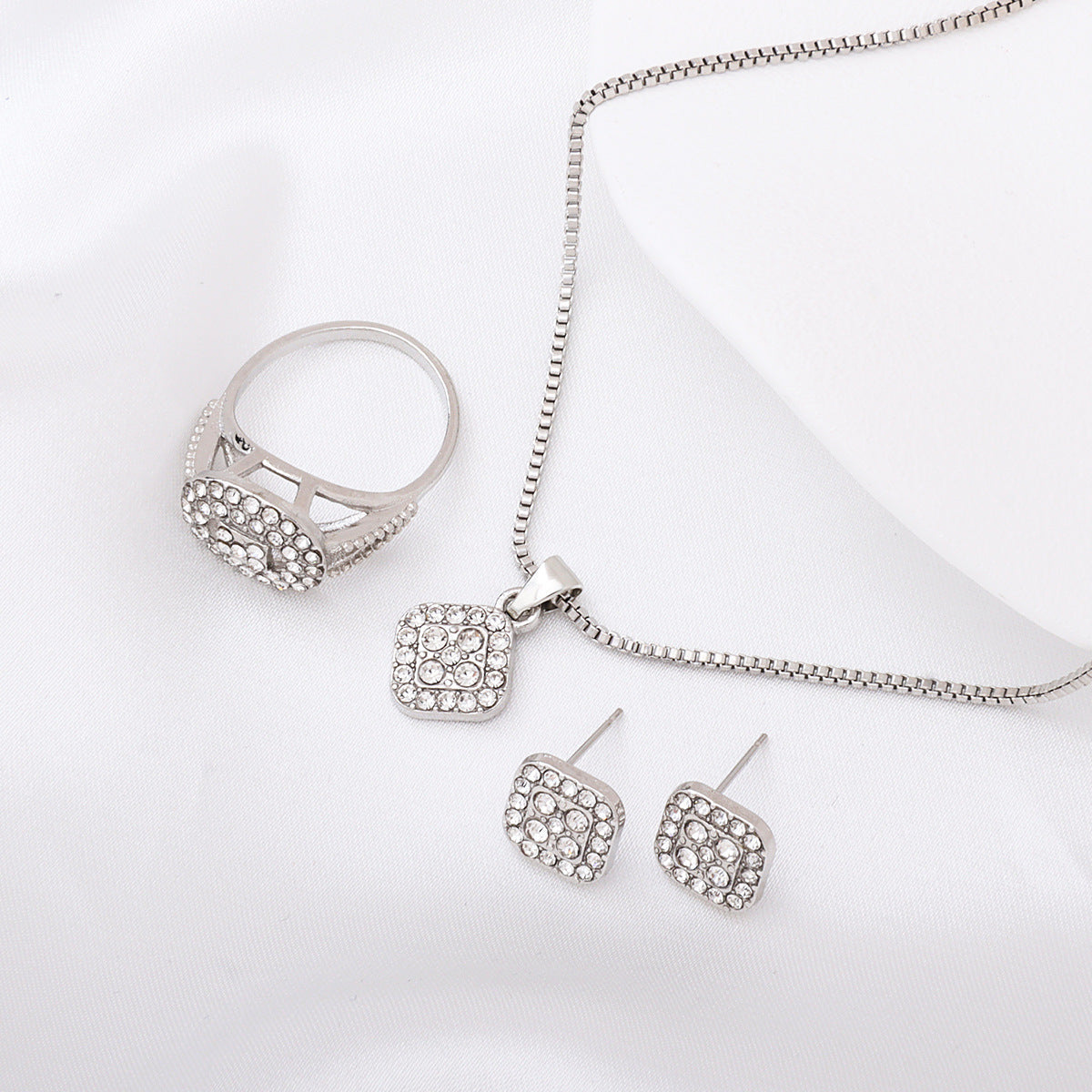 Wholesale diamond-studded geometric square necklace, ring, and earrings 3-piece set