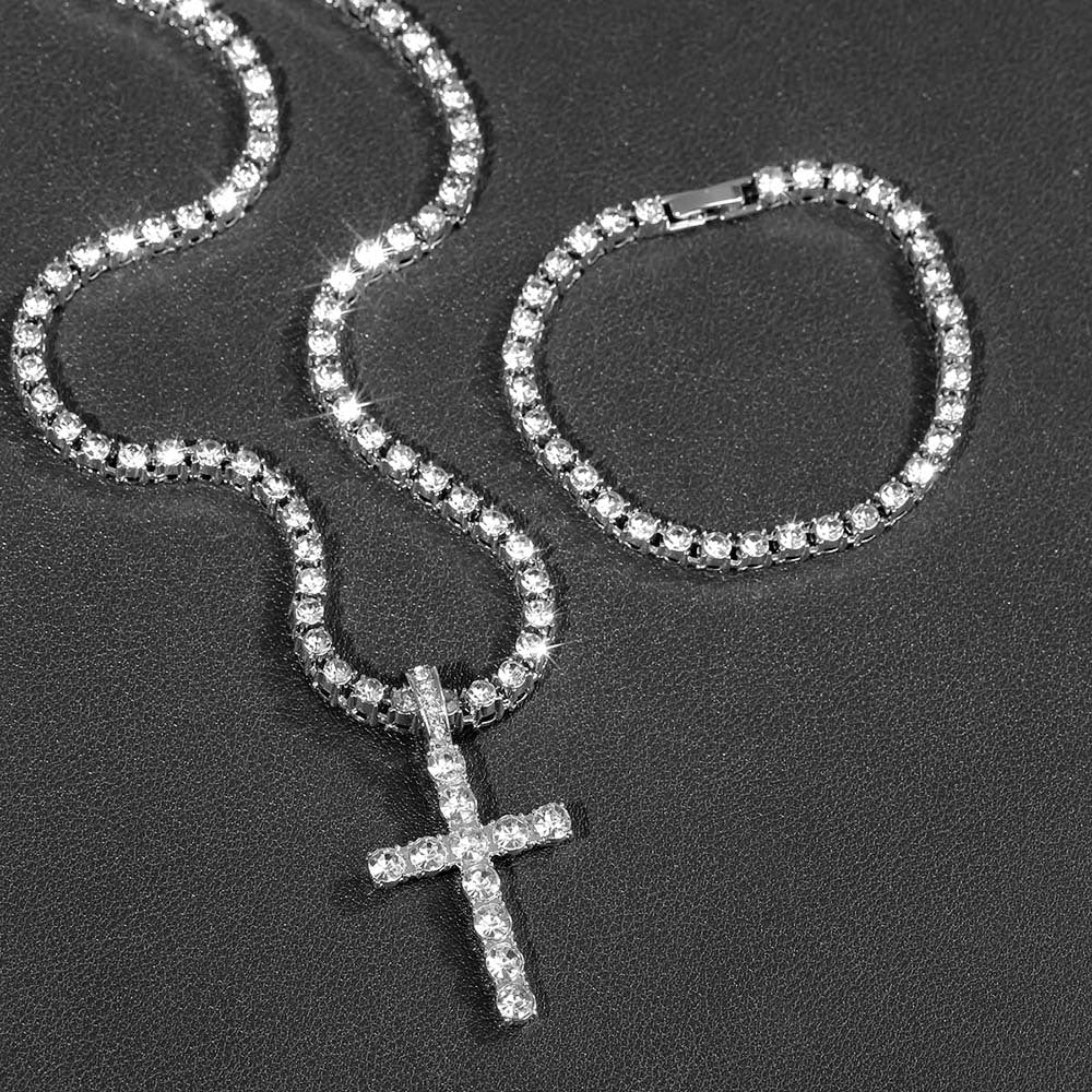 Wholesale Rhinestone Cross Pendant Necklace Hip Hop Bling Jewelry Fashion Accessory for Men Women