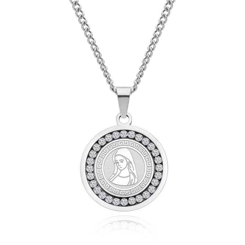 Wholesale titanium steel round zircon pendant necklace