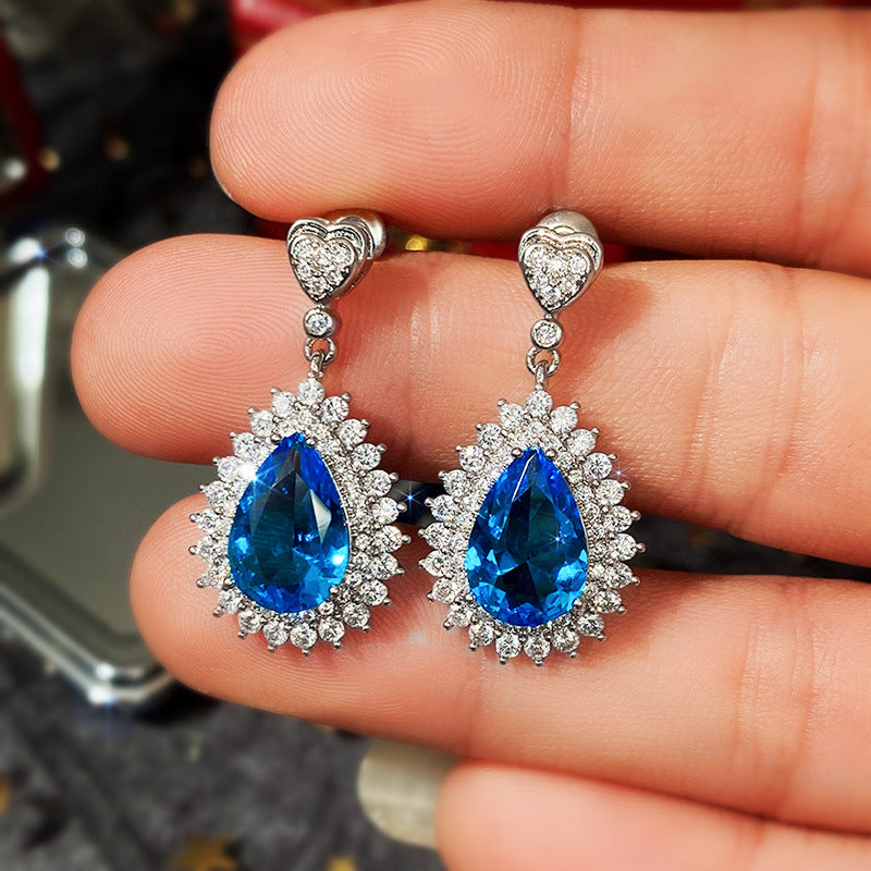Wholesale Water Drop Blue Zircon Blue Gemstone Earrings