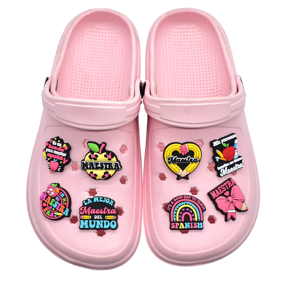 Wholesale  Random 100pcs e-commerce Spanish teacher series  PVC Soft Rubber Shoe Buckle Decoration