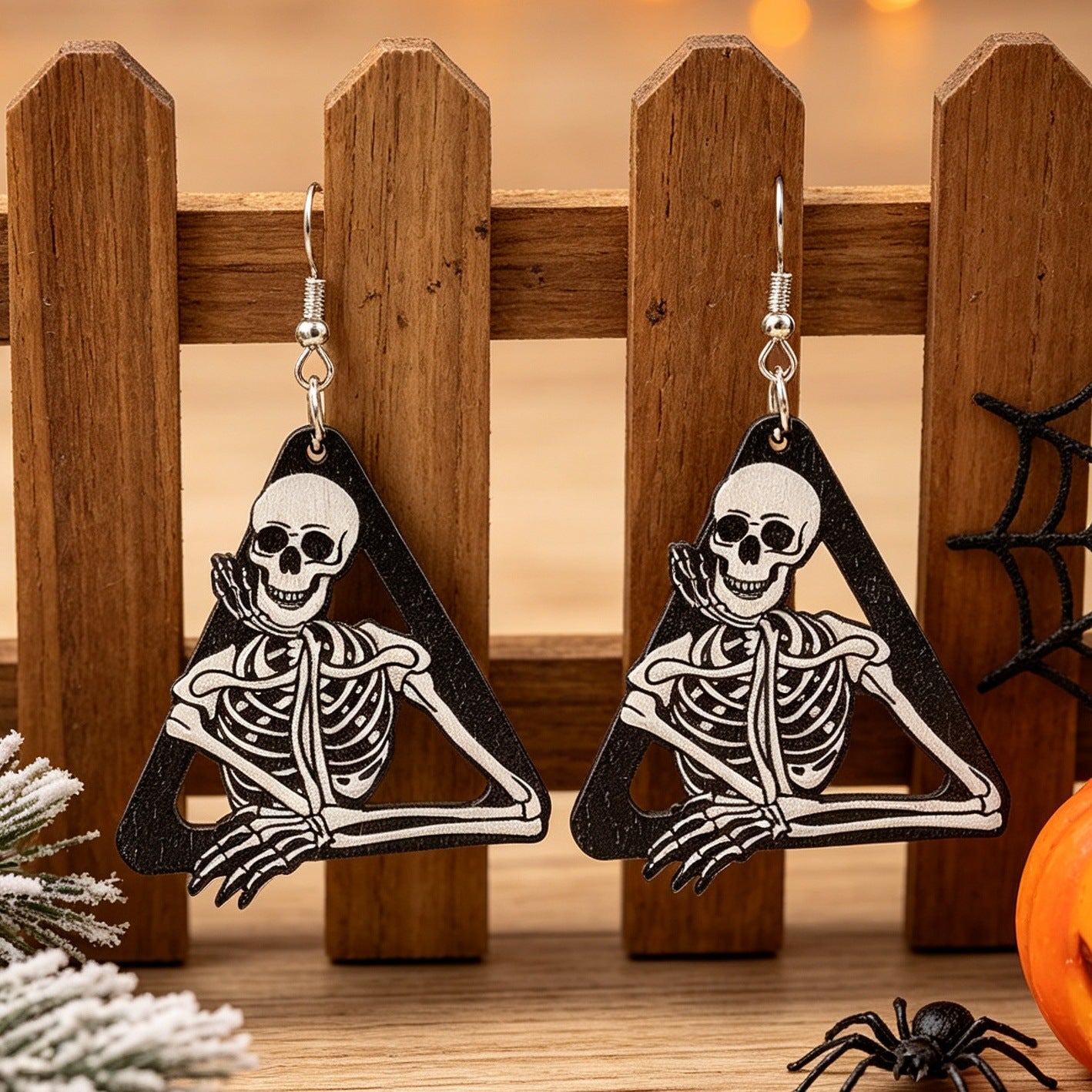 Wholesale Wooden Triangle Skull Earrings  Cartoon Print Fashion Jewelry Accessory
