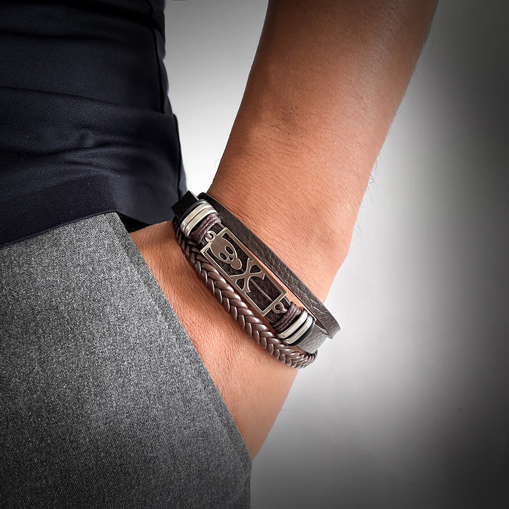 Wholesale Woven Faux Leather Skull Buckle Bracelet Trendy Punk Men S Fashion Accessory
