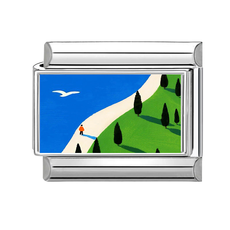 Wholesale Stainless Steel Electroplated DIY Modular Bracelet Blue-Green Landscape Fashion Accessory