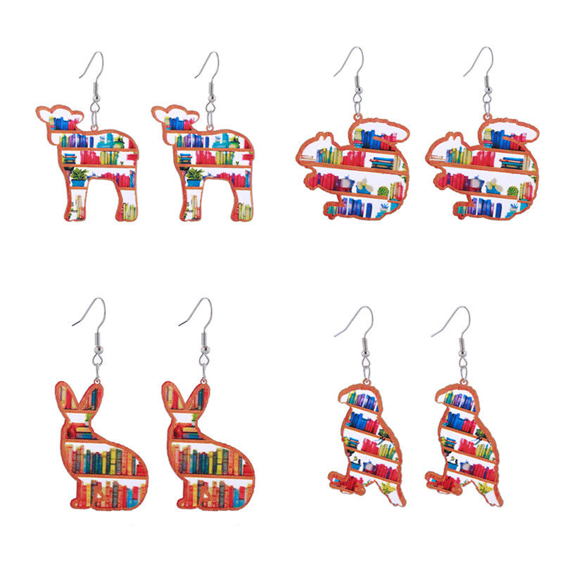 Wholesale School Season Love Cloud Bookshelf Rabbit Squirrel Books Acrylic Earrings