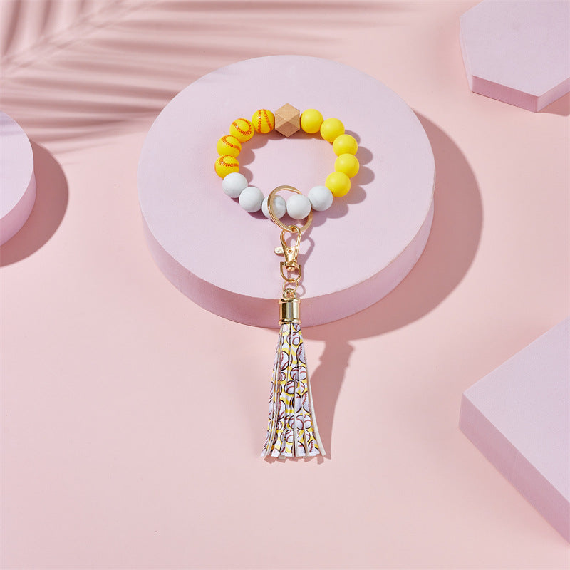 Wholesale Football Basketball Baseball Silicone Beaded Leather Tassel Wrist Keychain