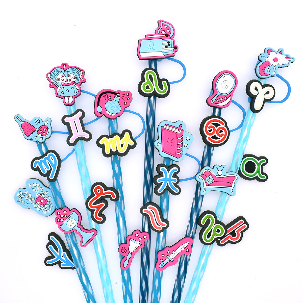 Wholesale Random Color 100pcs Twelve Constellations Straw Tube Cap 10mm Soft Glue Straw Decoration Straw Cover ACC-SCR-RYY024