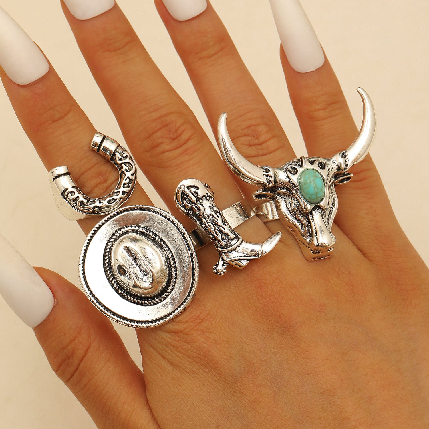 Wholesale Retro Western Cowboy Zinc Alloy 3 Piece Ring Set Antique Gold Boot Hat Bull Head Horseshoe Motif Punk Jewelry Accessory Gift