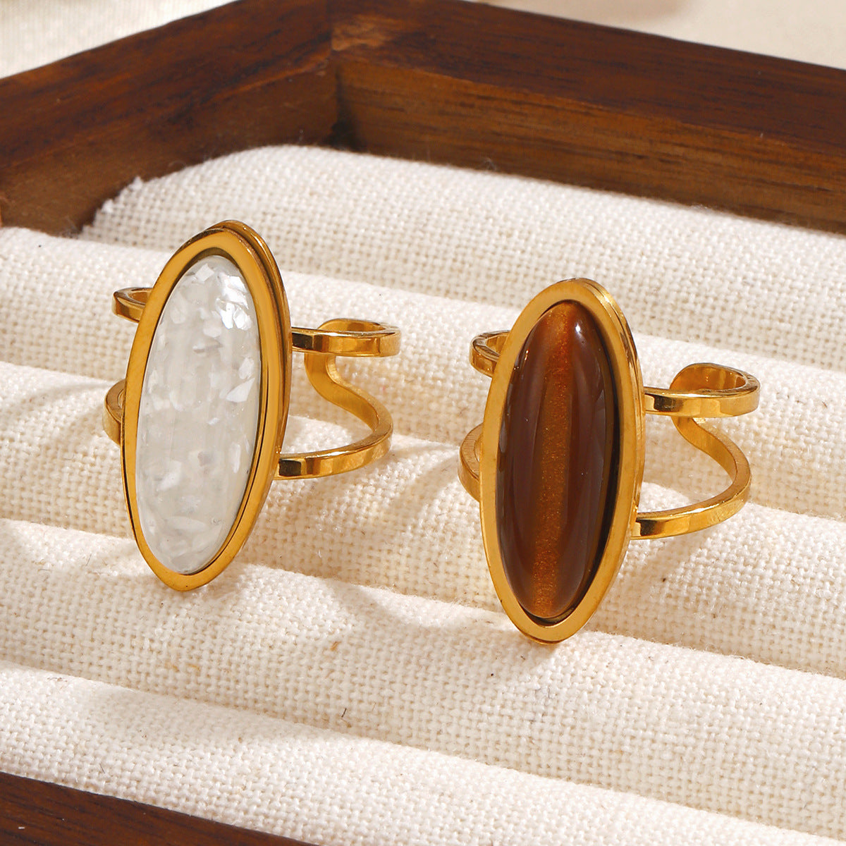 Wholesale Stainless Steel Tiger Eye Stone Geometric Oval Wide Ring for Women - Stylish Hip-Hop Jewelry Accessory