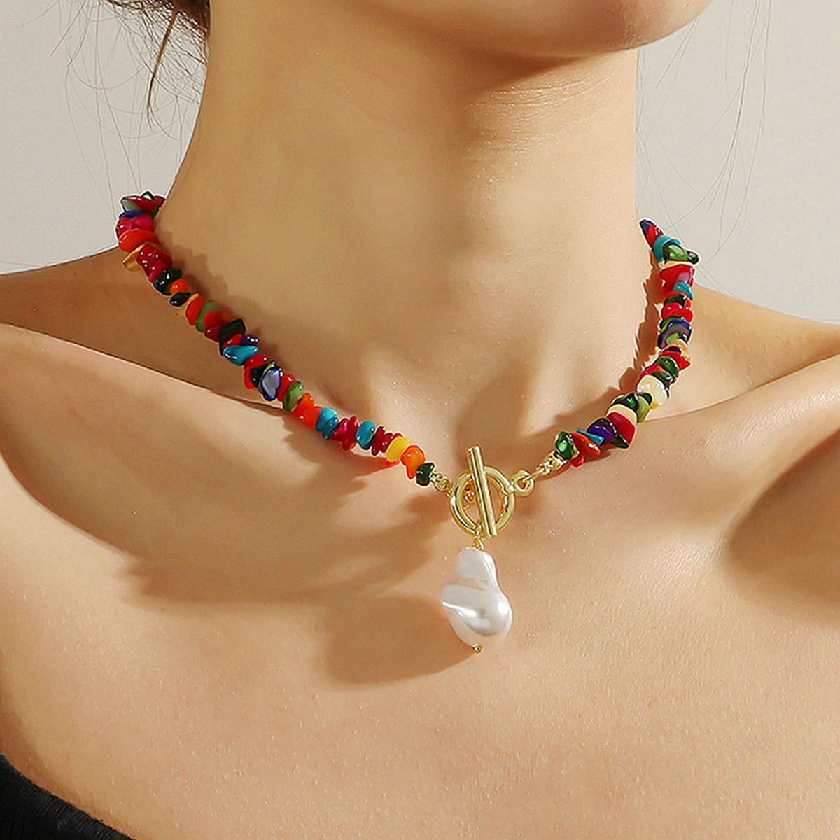Wholesale  Necklace Bohemian Style Colorful Gravel Ins Necklace Women' s Natural Stone Beaded Necklace