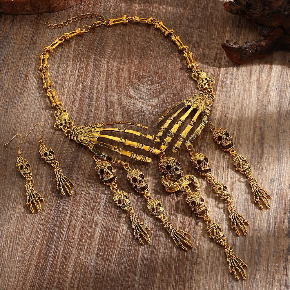 Wholesale Punk Retro Skeleton Hand Skull Necklace Earrings Set  Jewelry Party Accessory Gift