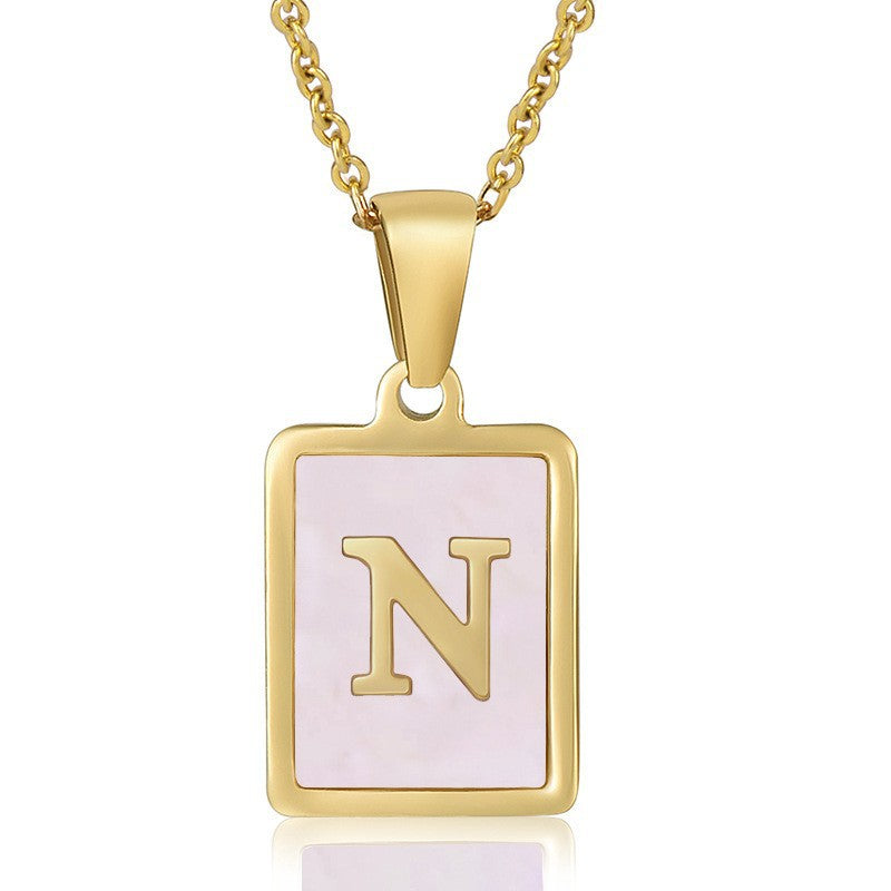 Wholesale Stainless Steel 26 English Letter Necklace 18K Natural Pink Shell Clavicle Chain ACC-NE-Zhongy007