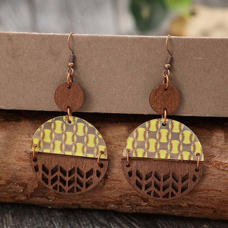 Wholesale Sports style acrylic baseball stitching hollow wood earrings