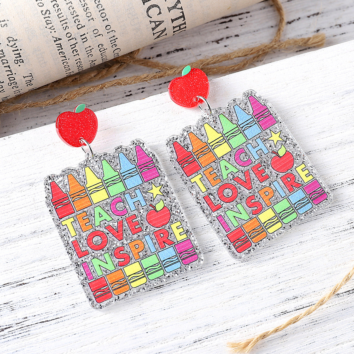 Wholesale Sequin Apple Book Ruler Rainbow Pendant Acrylic Earrings