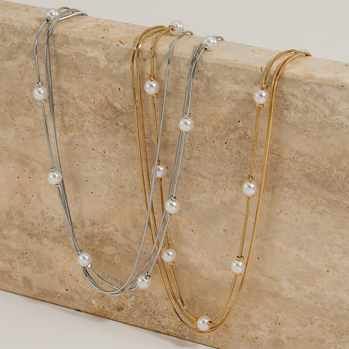 Wholesale  Stainless steel three layer pearl square snake chain necklace