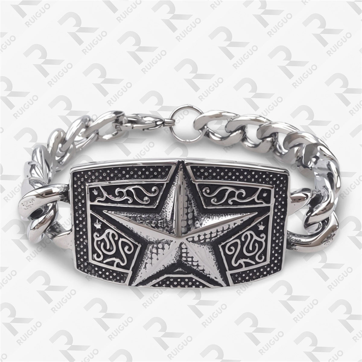 Wholesale Retro Five-pointed Star Flower Stainless Steel Cuban Punk Bracelet ACC-BT-Ruig001