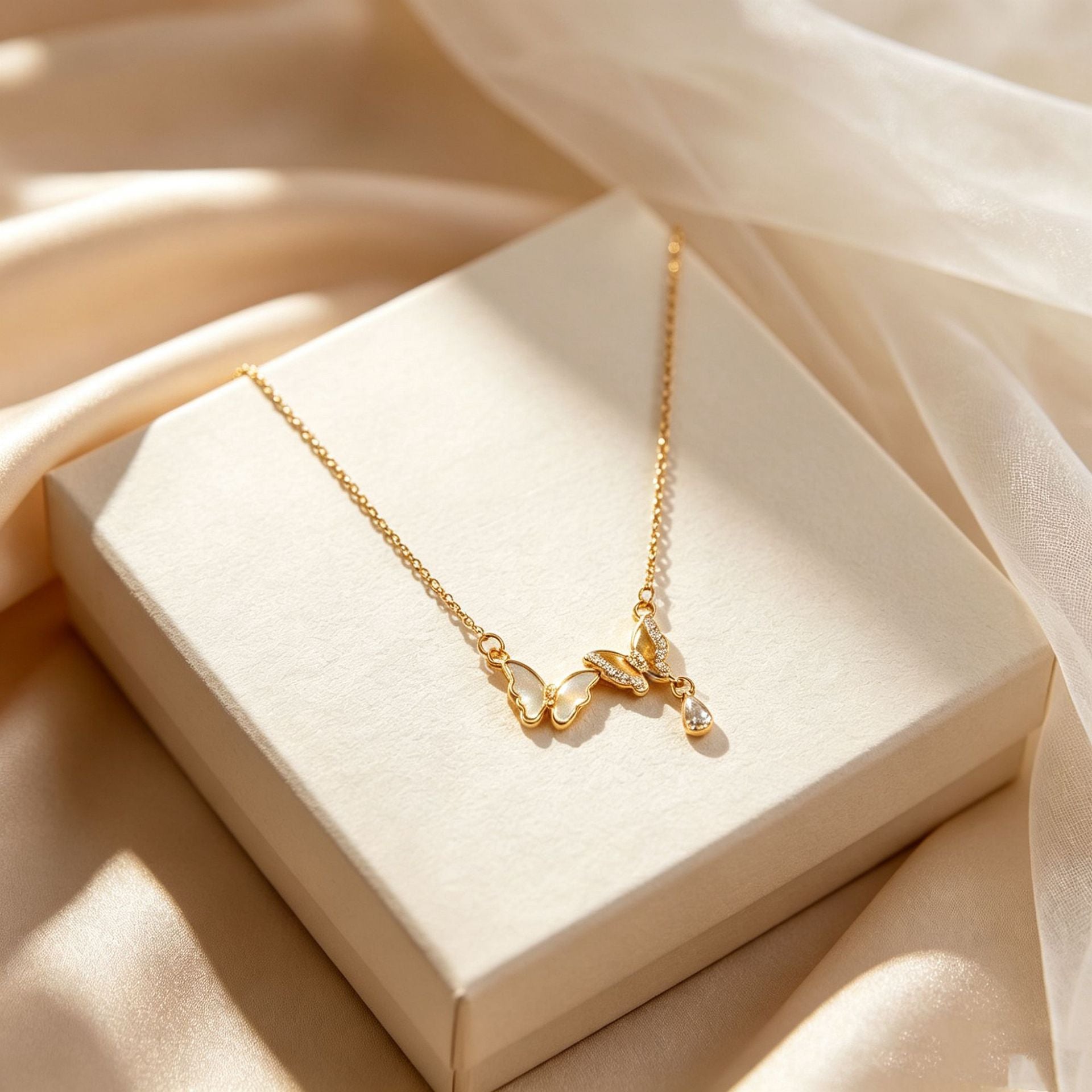 Wholesale Stainless Steel Mother-of-Pearl Butterfly Necklace,  Gold Double Pendant,  Fashion Jewelry Accessory for Women