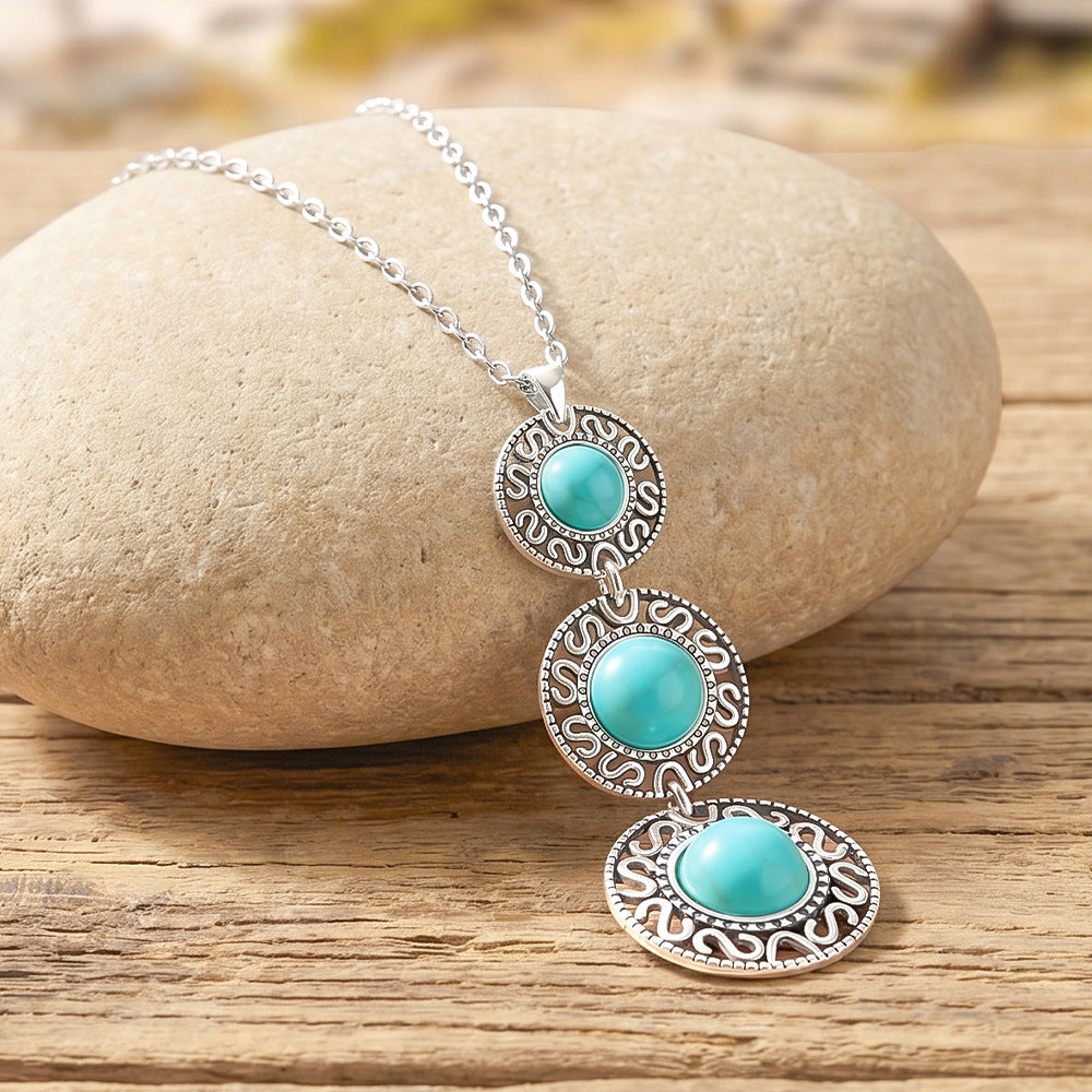 Wholesale Turquoise Ethnic Geometric Long Necklace &  Earrings Set - Boutique Jewelry Accessory