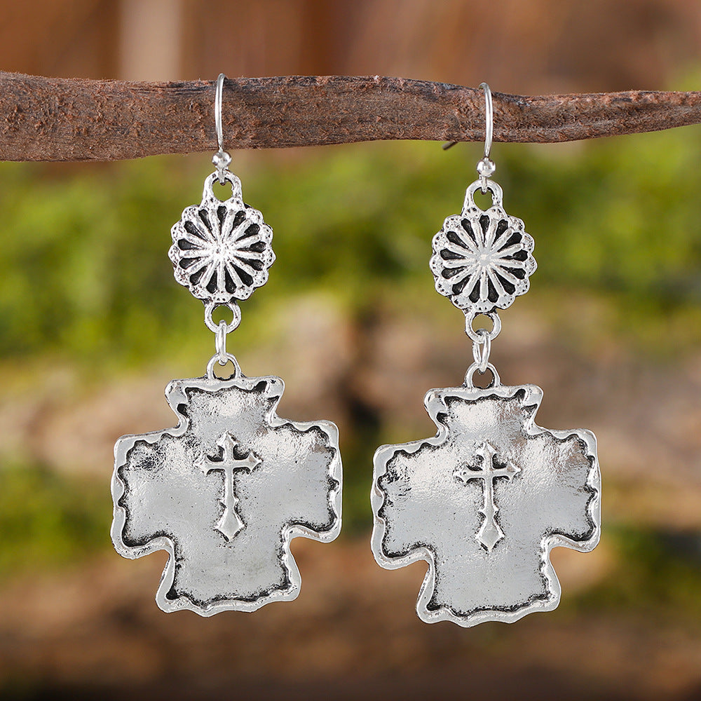 Wholesale Western  Exaggerated Retro Flower Double Cross Earrings