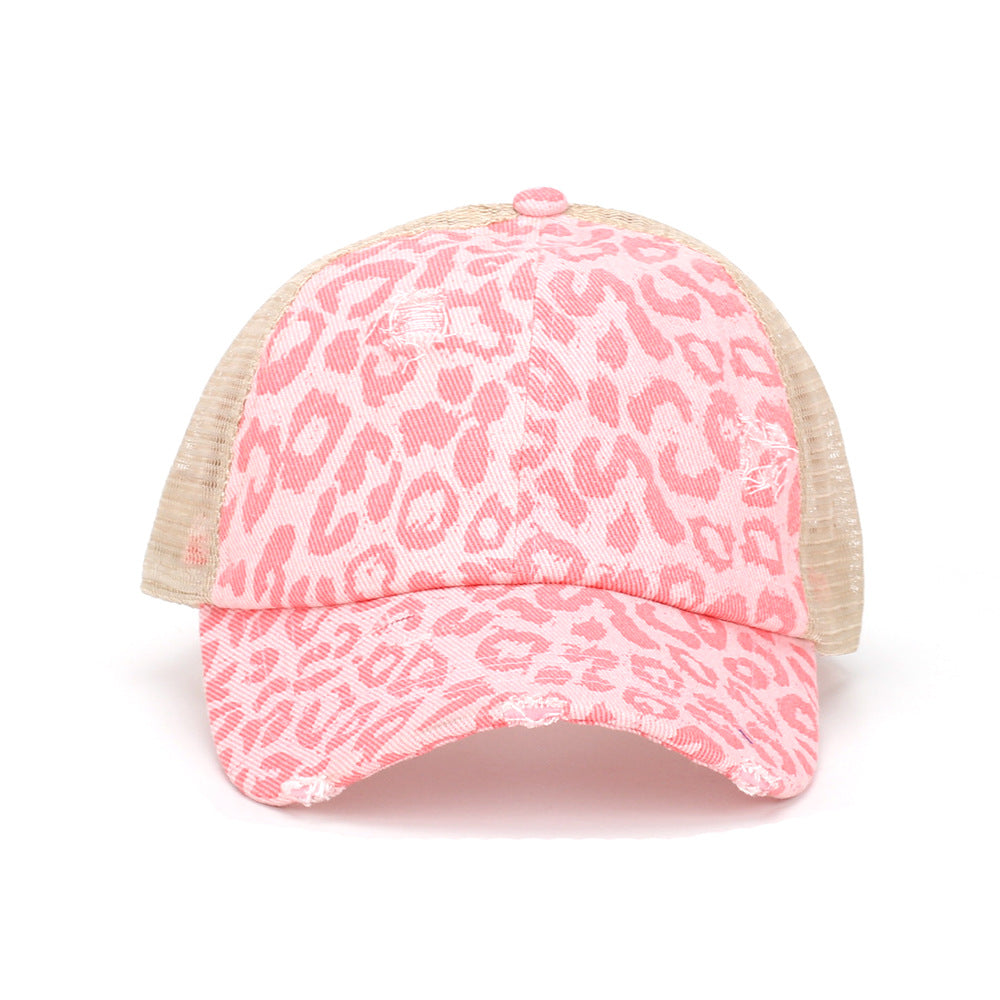 Wholesale leopard print distressed hole high ponytail baseball cap