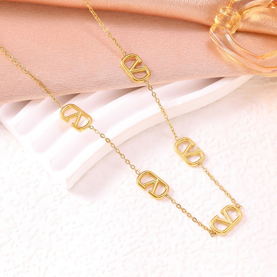 Wholesale Women' s 8K Gold-Plated Stainless Steel " V"  Letter Bracelet &  Necklace Set