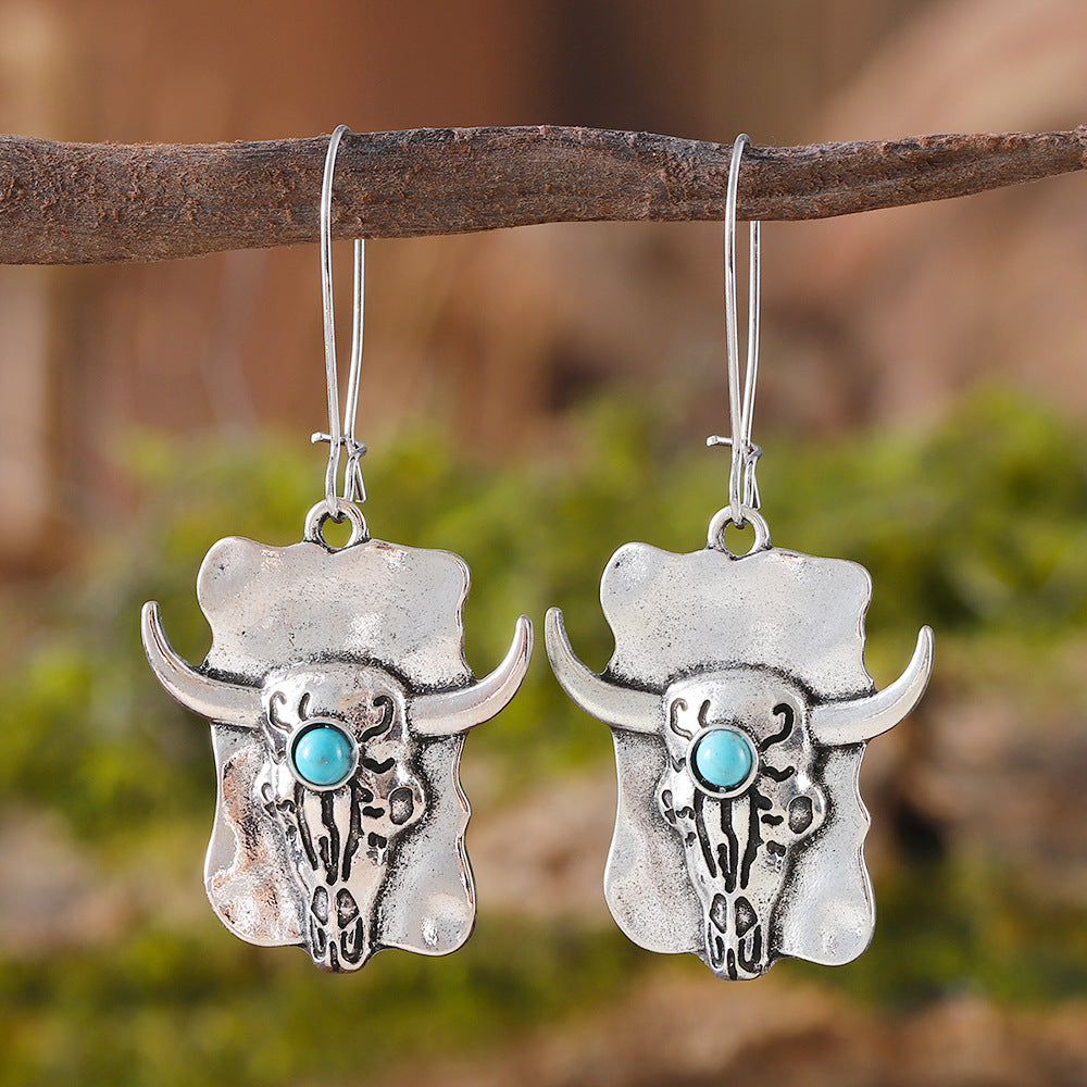Wholesale  retro ethnic style inlaid turquoise cow head earrings